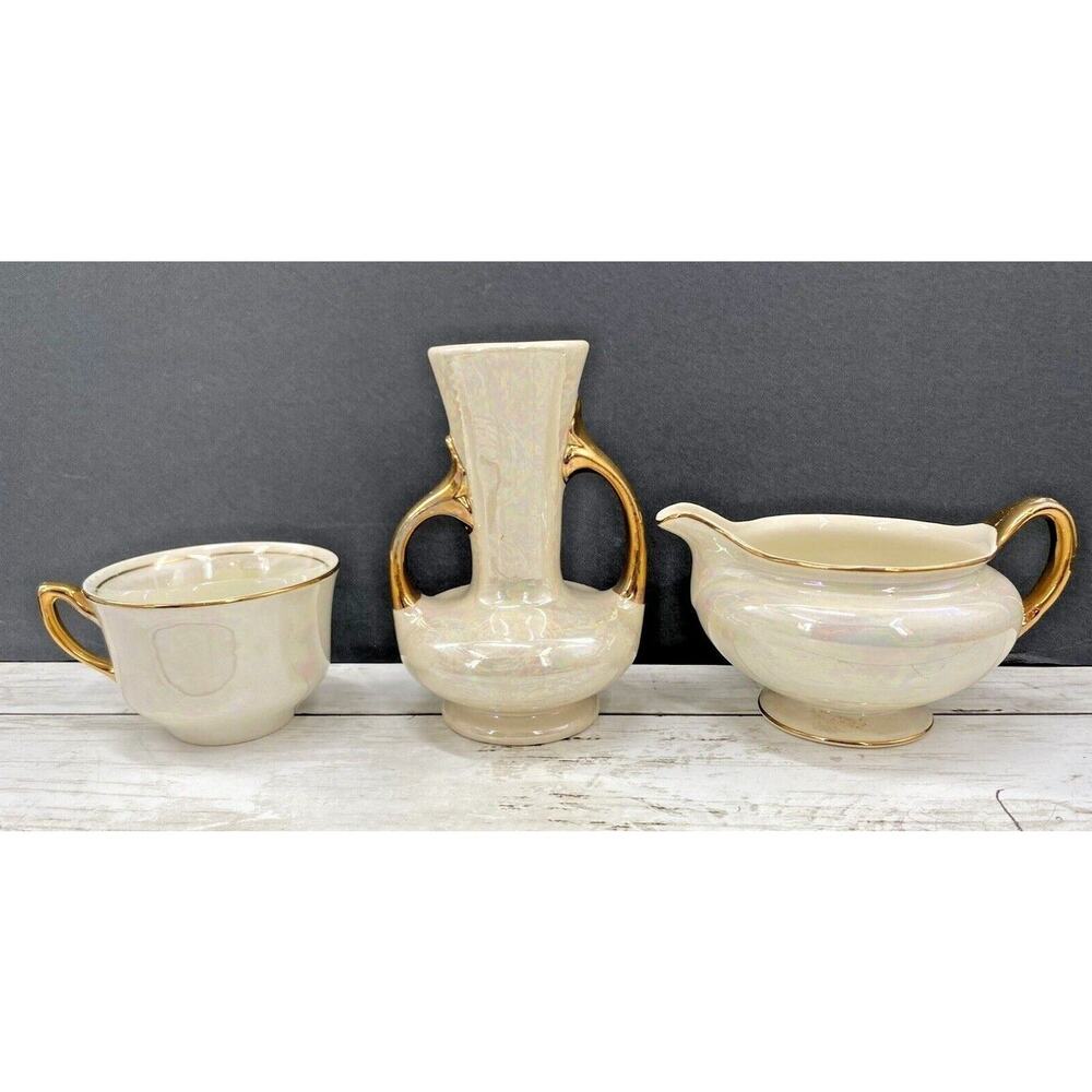 Vintage MCM Homer Laughlin Eggshell Pearl Iridescent Creamer Vase Cup LOT of 3